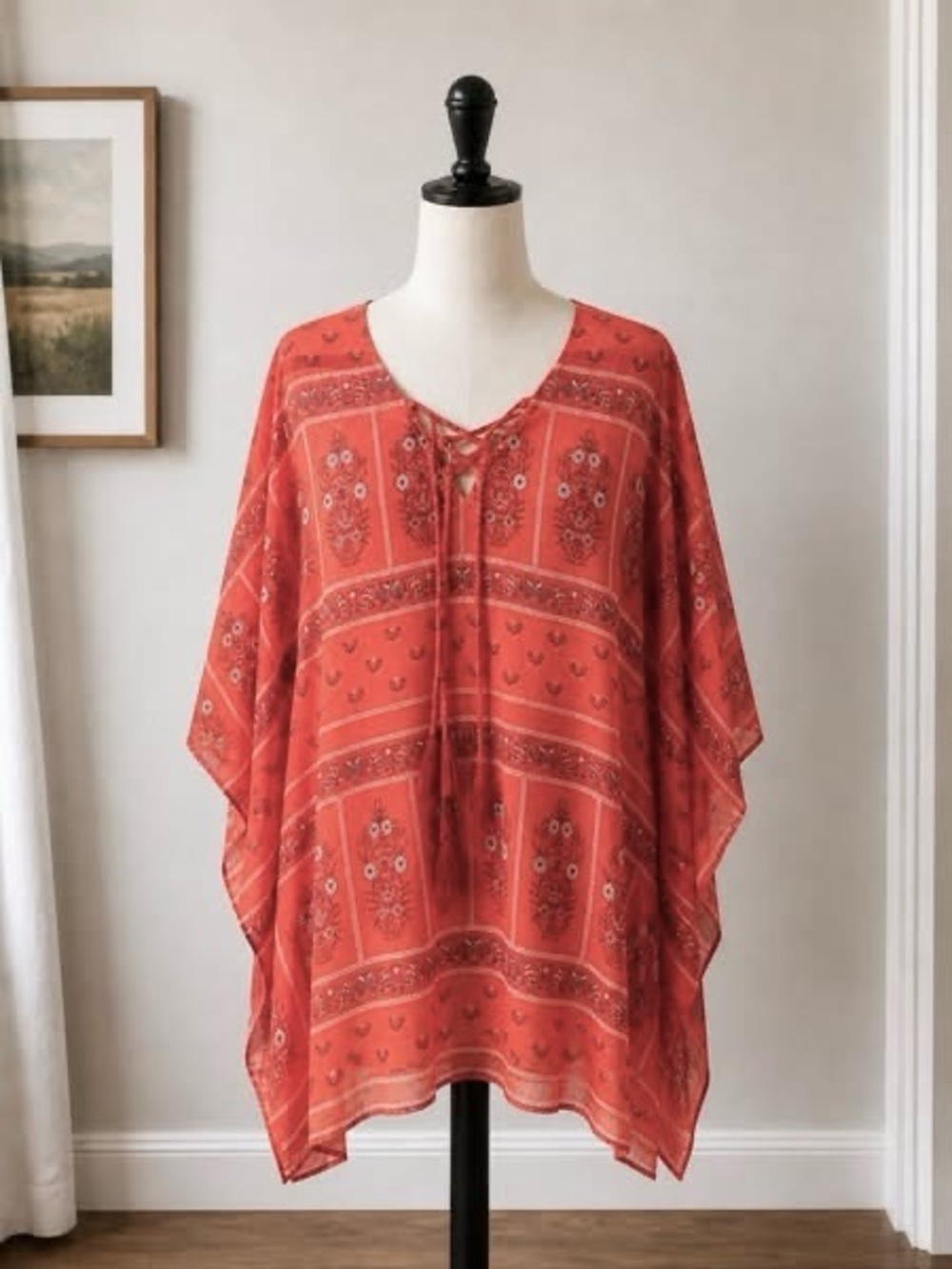 Show Me Your Mumu Red Boho Tunic Top Small Floral Sheer Lace-Up Caftan Blouse